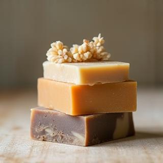 Stack of different handmade soap bars showing variations in color and design.