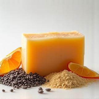 Handmade soap bar positioned alongside natural ingredients like seeds or dried fruit.