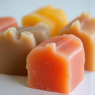 Several handmade soap bars arranged artistically to showcase their unique shapes and colors.